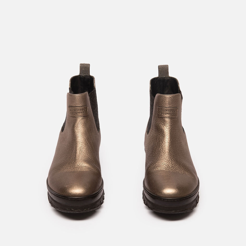 Brunello Cucinelli Bronze Metallic Leather Beaded Ankle Boot