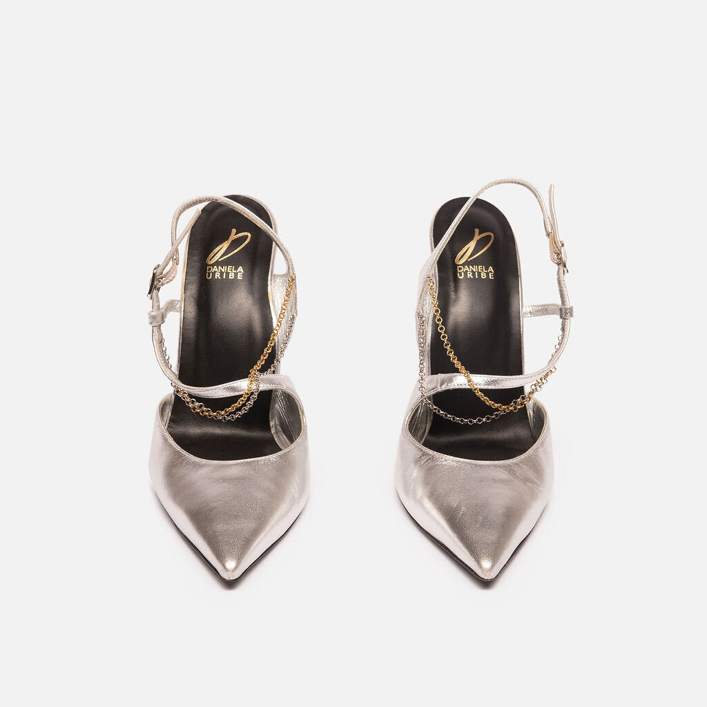 Daniela Uribe Grey Metallic Leather Pumps