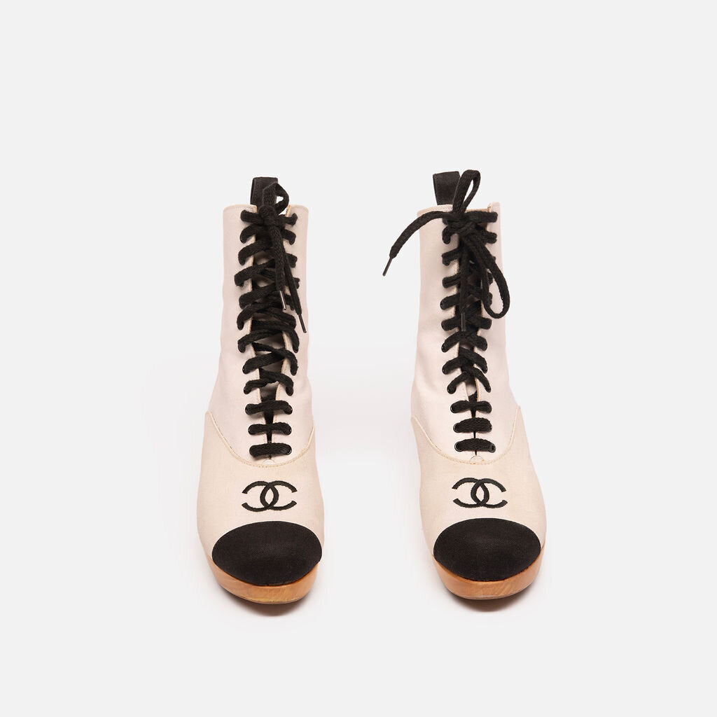 Chanel Runway Ivory & Black Wooden Heel Ankle Boots