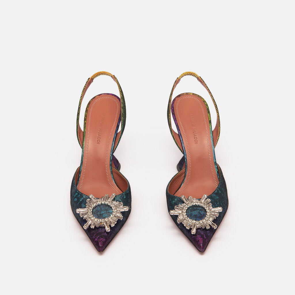 Amina Muaddi Multi Color Metallic Crystal Slingbacks