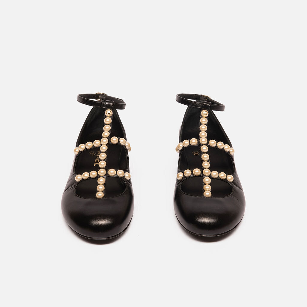 Chanel Black Goatskin Pearl Mary Janes (2024)