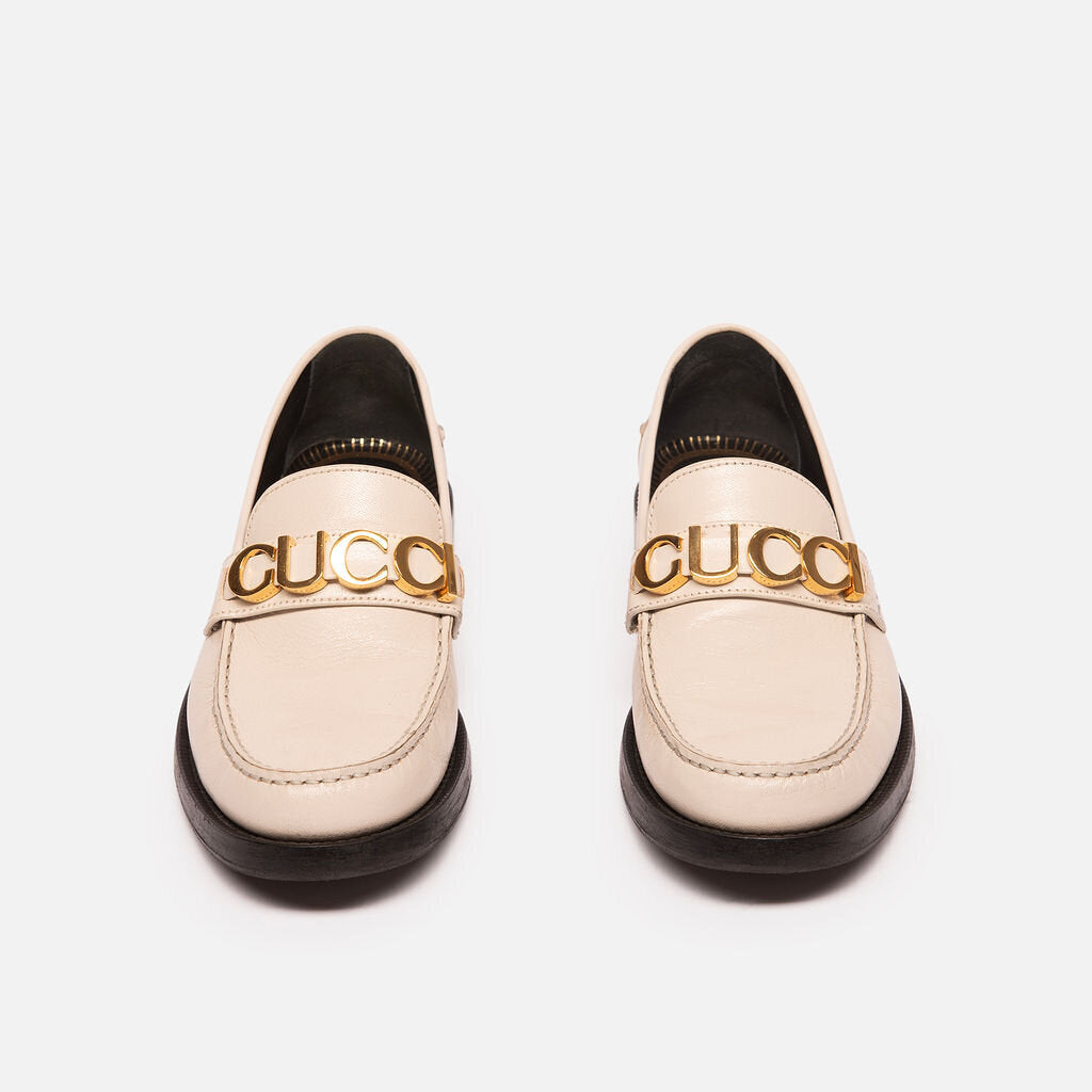 Gucci Cream Leather Logo Loafers