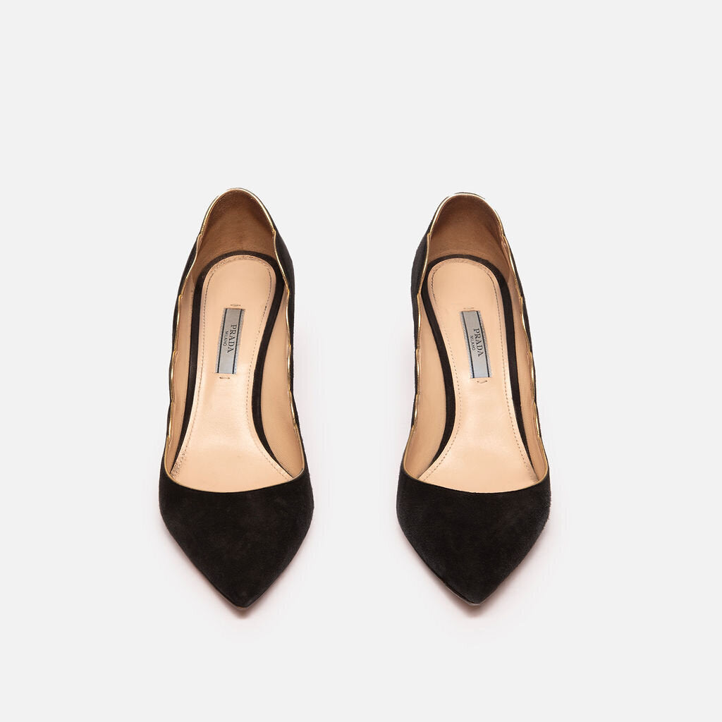Prada Black Suede Gold Scallop Pumps