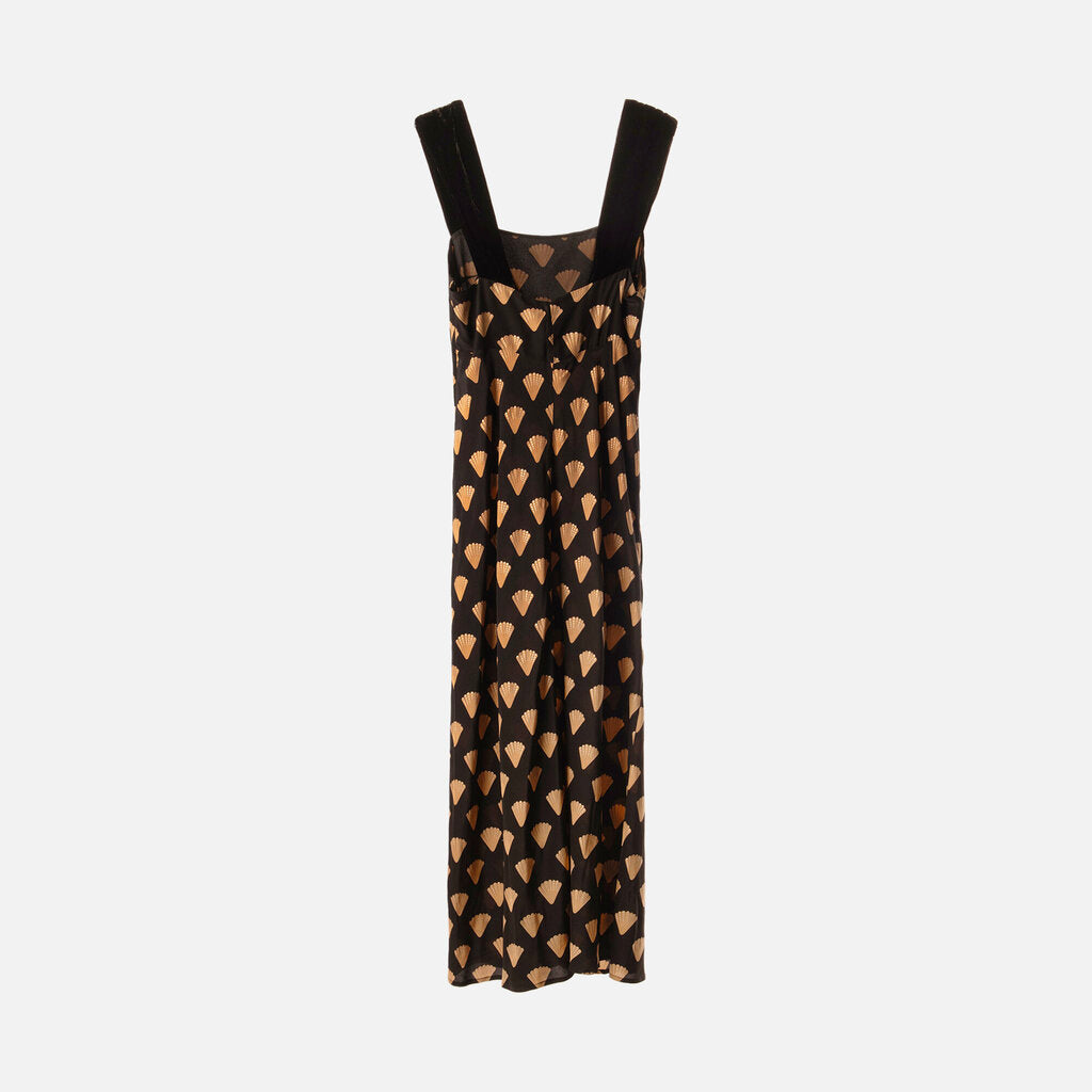Rixo Black/Beige Silk Shell Print Midi Dress