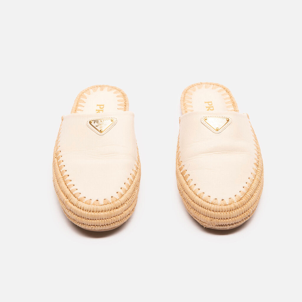 Prada White Leather & Raffia Mules