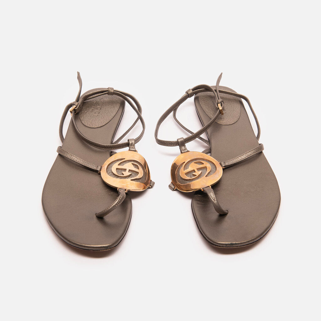 Gucci Bronze Leather & Gold Logo Sandal