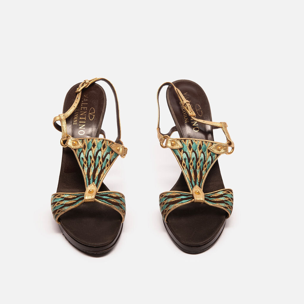 Valentino Brown & Turquoise Wood Heel