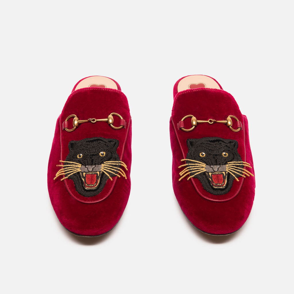 Gucci Red Velvet Panther Mules