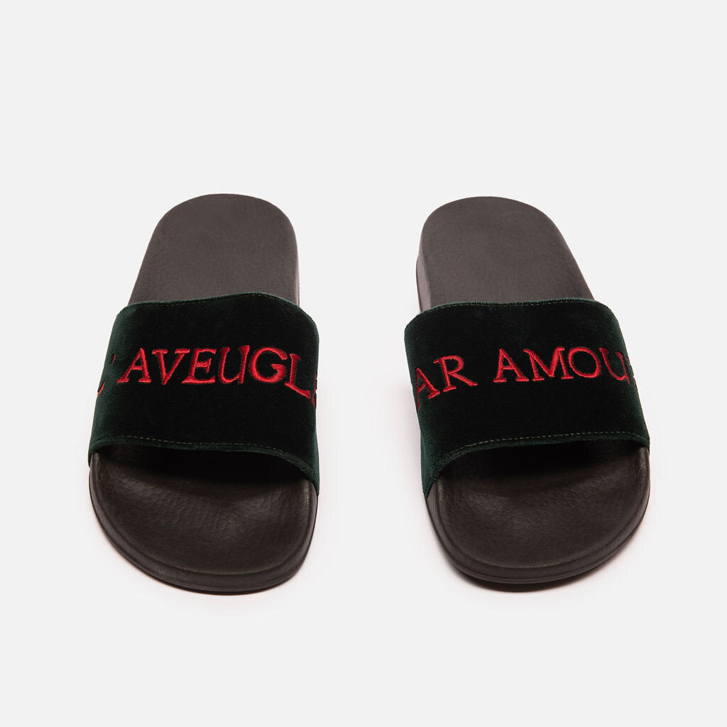 Gucci Green Velvet Red Lettering Slides