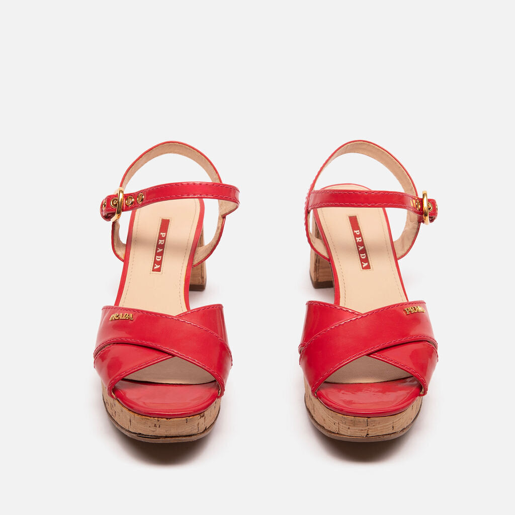 Prada Red Criss Cross Patent Wedge Sandals