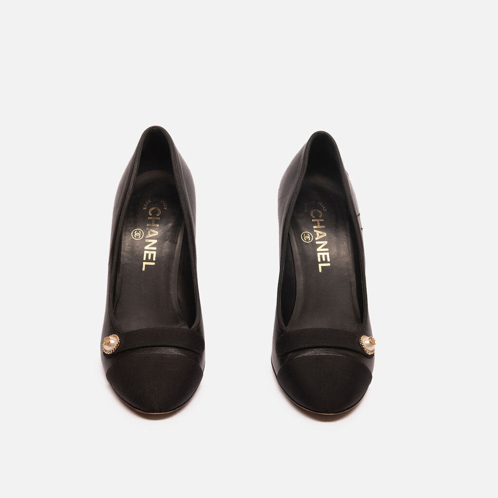 Chanel Black Leather & Satin Pearl Pump