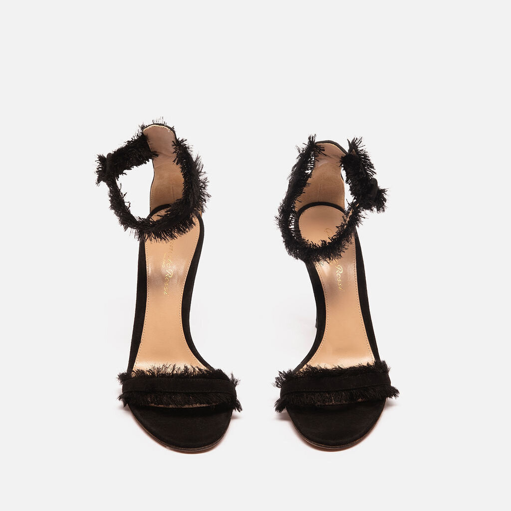 Gianvito Rossi Black Suede Fringe Strap Heels