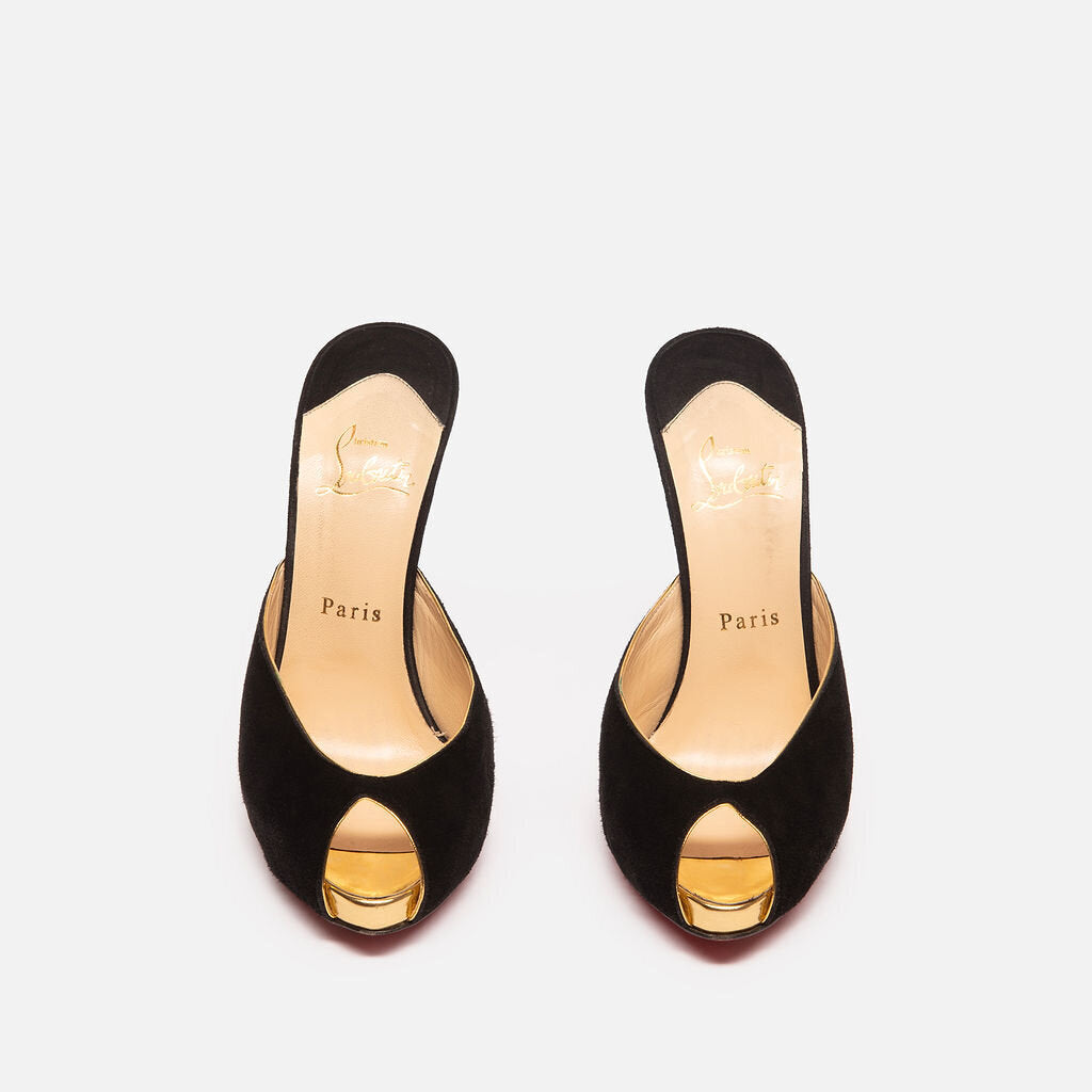 Christian Louboutin Black Suede Peep Toe Gold Heel Pump