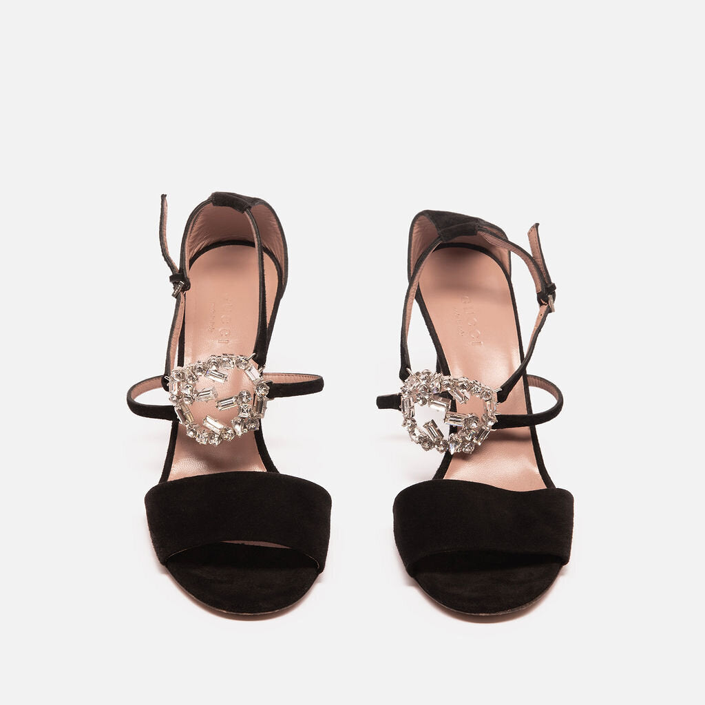 Gucci Black Suede Crystal Heeled Sandals