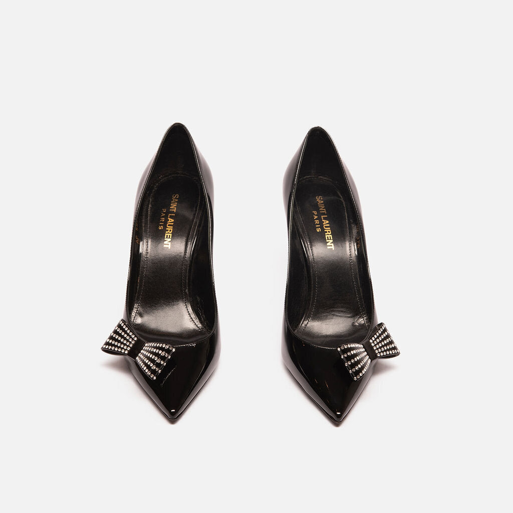 Saint Laurent Black Patent Crystal Bow Pumps