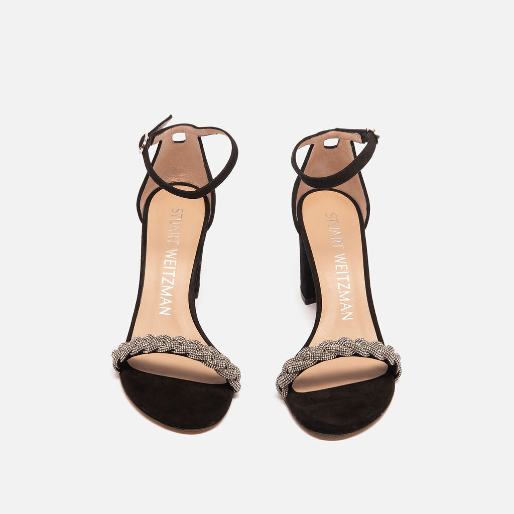 Stuart Weitzman Rhinestone Braided Black Suede Sandal