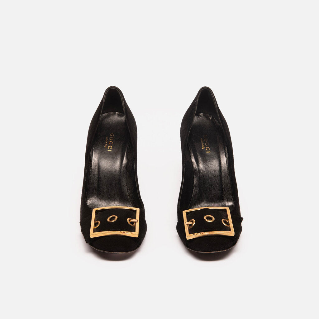 Gucci Black Suede Buckle Pumps