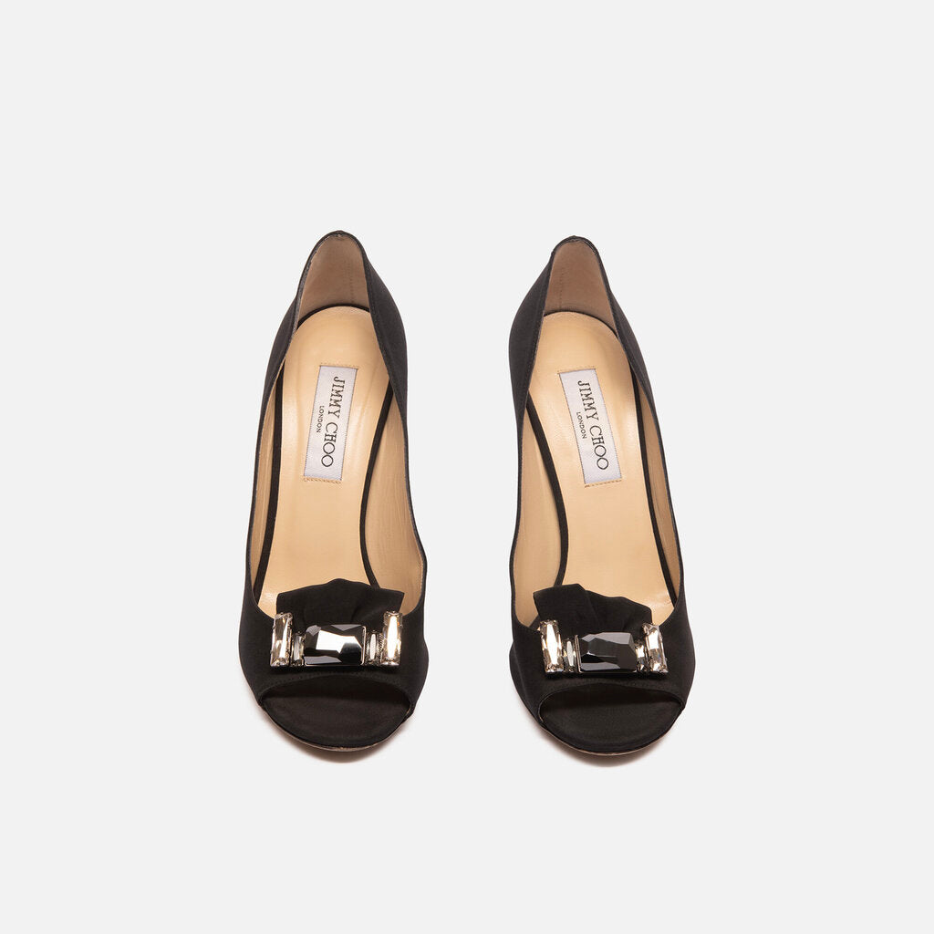 Jimmy Choo Black Satin Jeweled Pumps