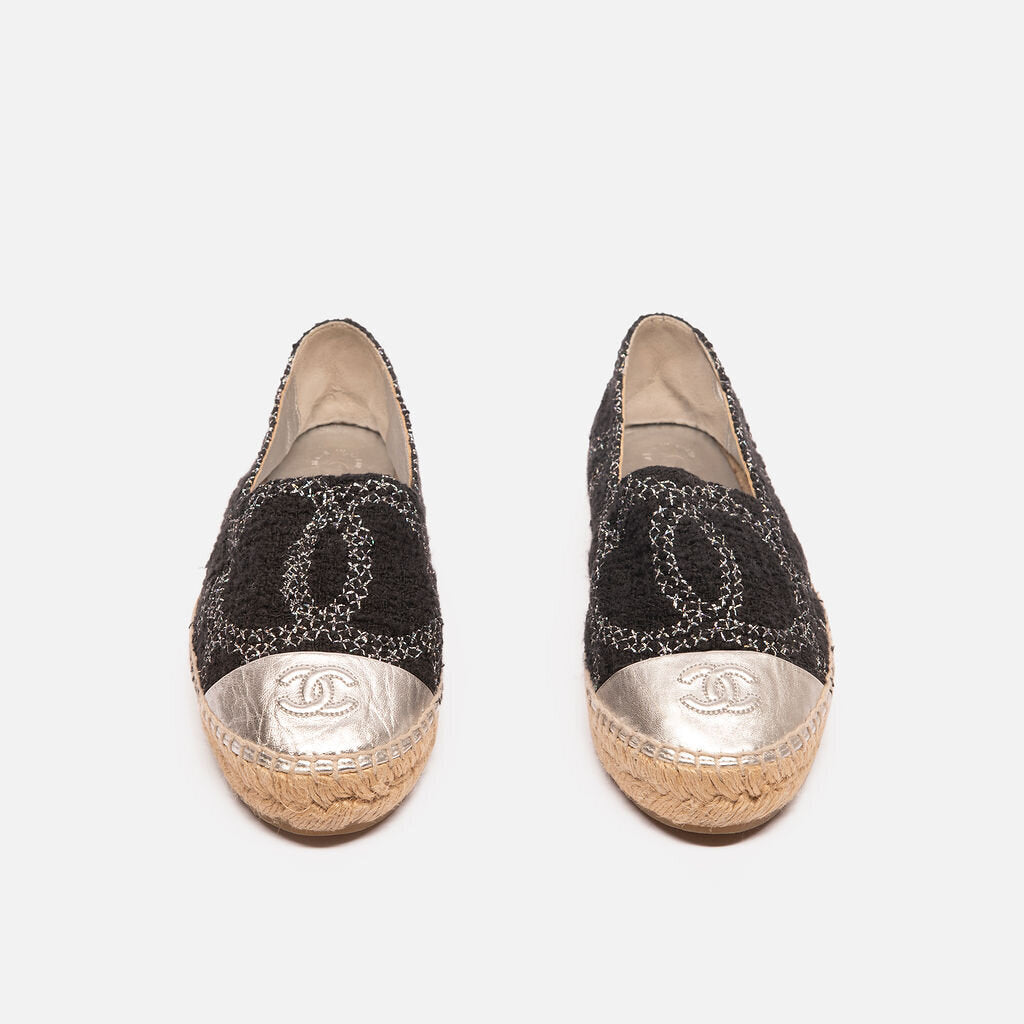 Chanel Black & Silver Tweed Espadrille Flats