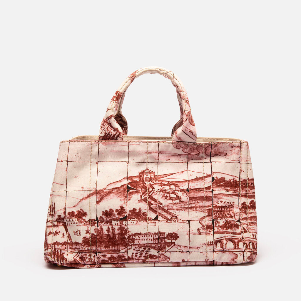 Prada Washed Red Patterned Medium Canapa Tote