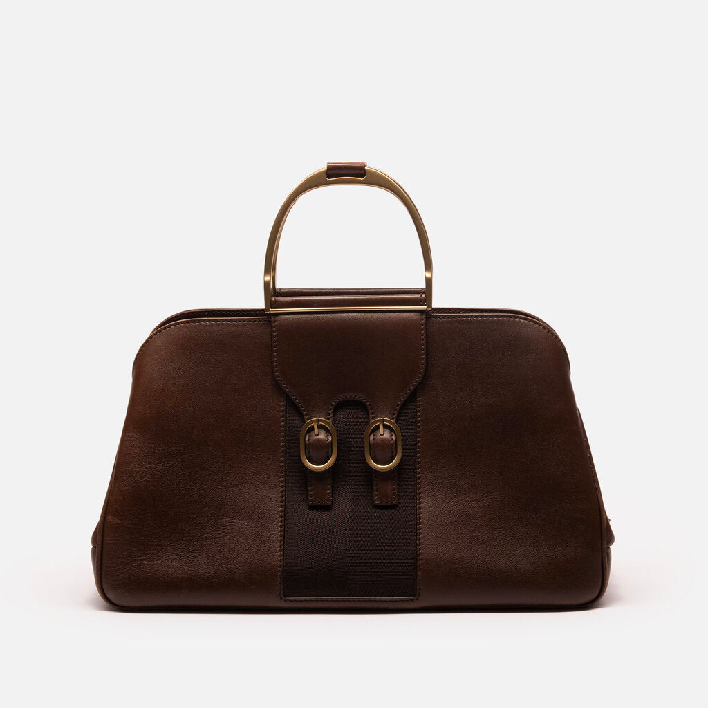 Gucci Brown Leather Buckle Detail Top Handle