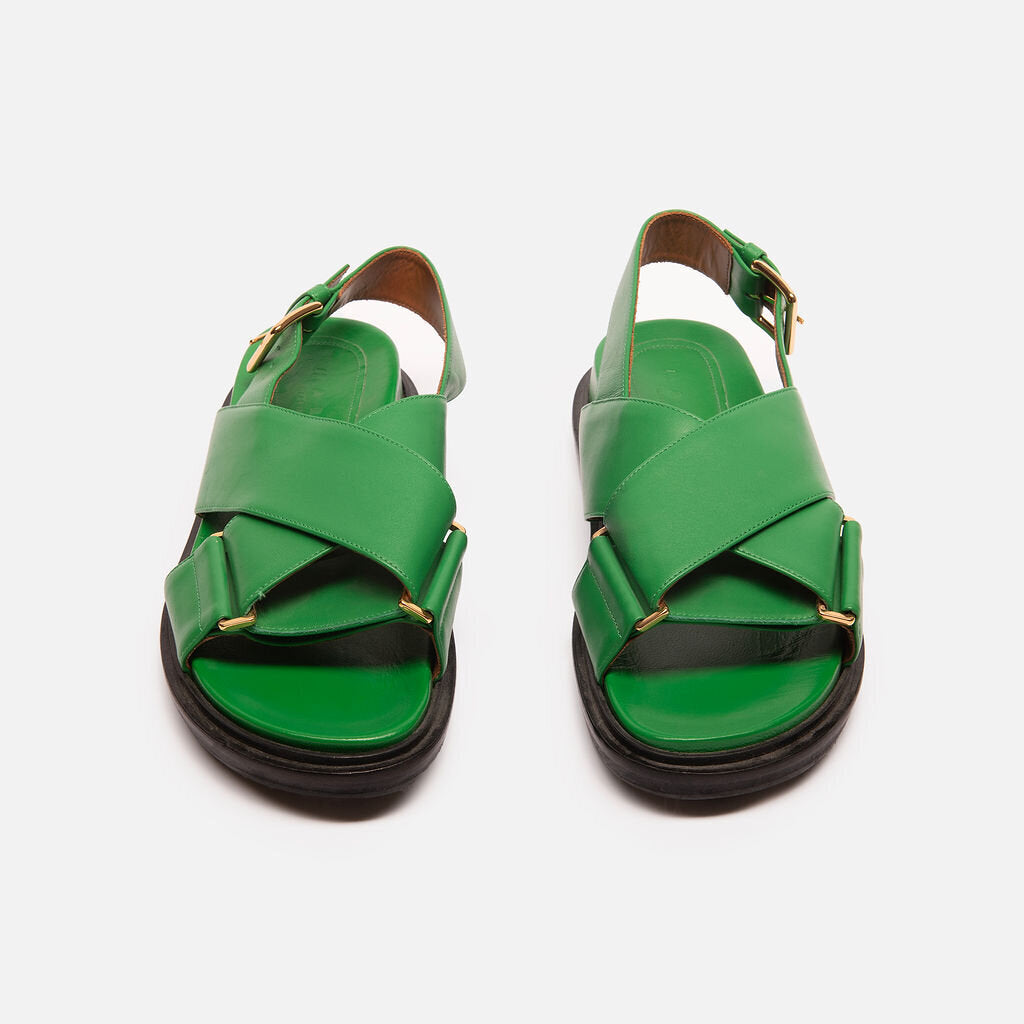 Marni Green Leather Criss Cross-Strap Sandals