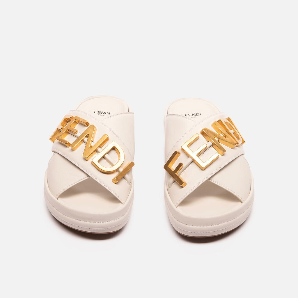 Fendi White & Gold Logo Sandal