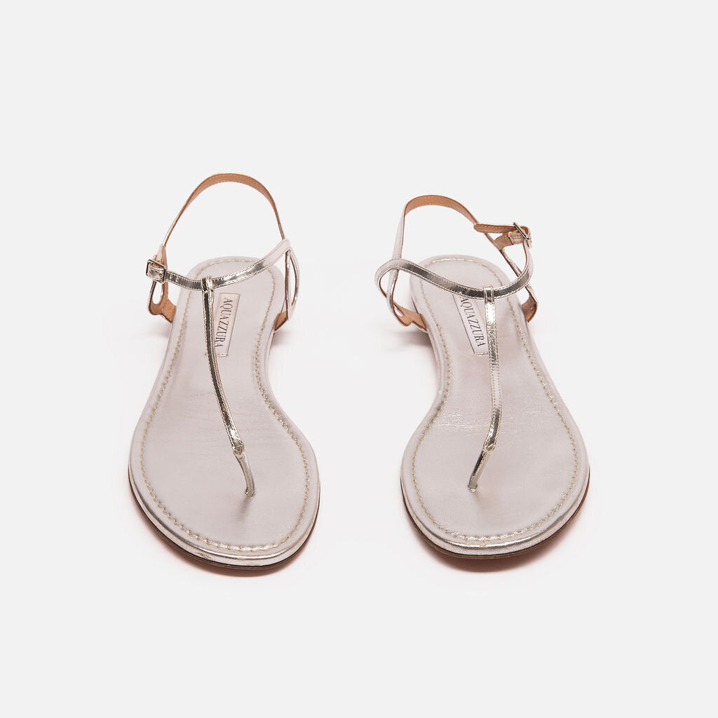 Aquazzura Silver Leather T Strap Sandals