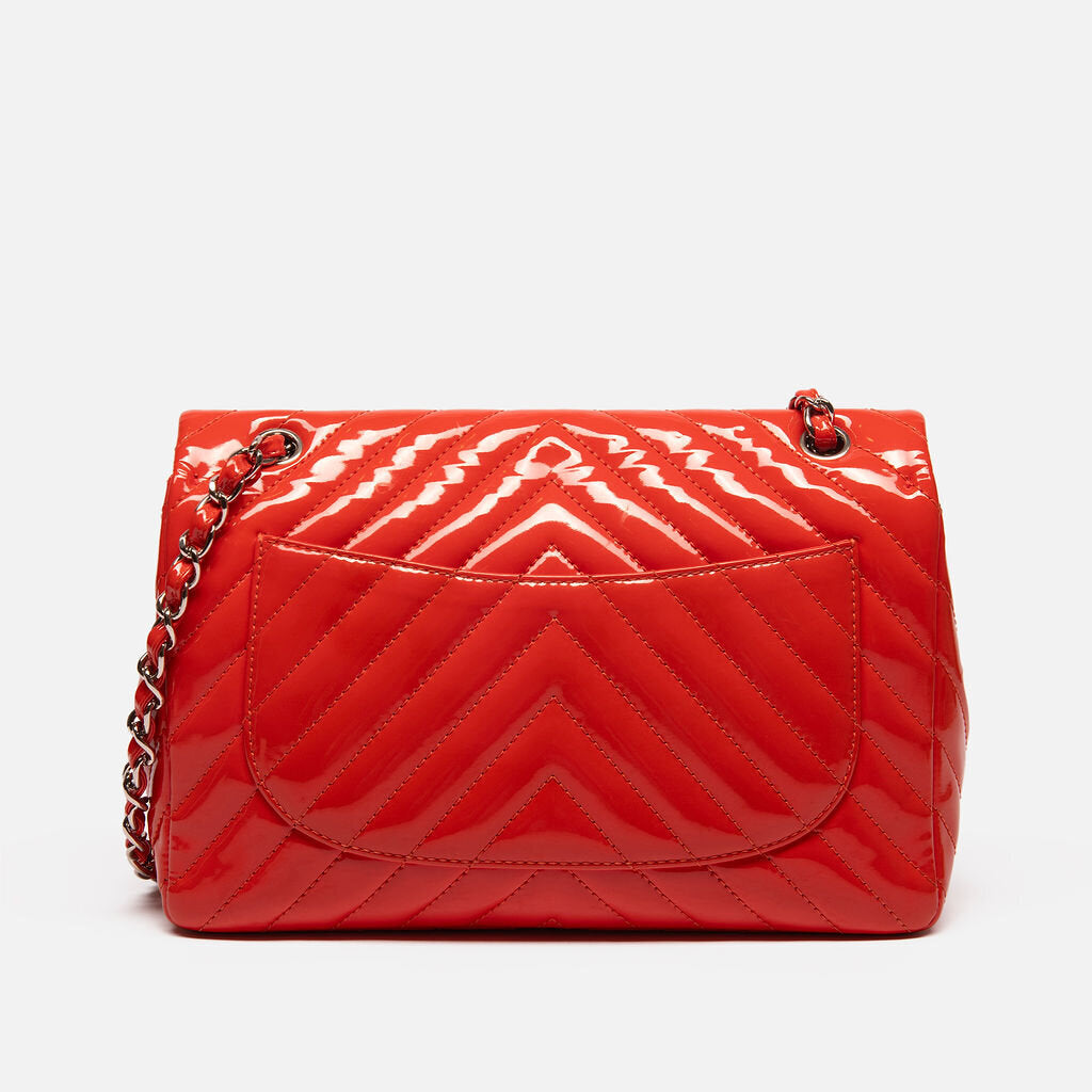 Chanel Red Patent Chevron Quilted Silver HW Bag