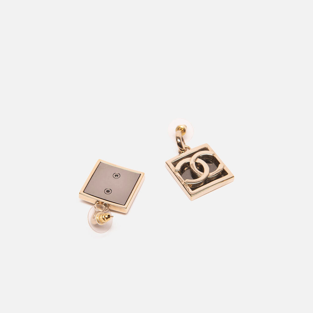 Chanel Gold Tone Square CC Drop Earrings
