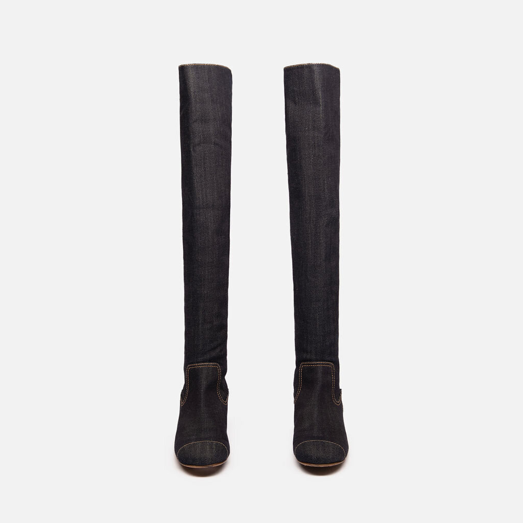 Chanel Blue Denim Knee High Boots