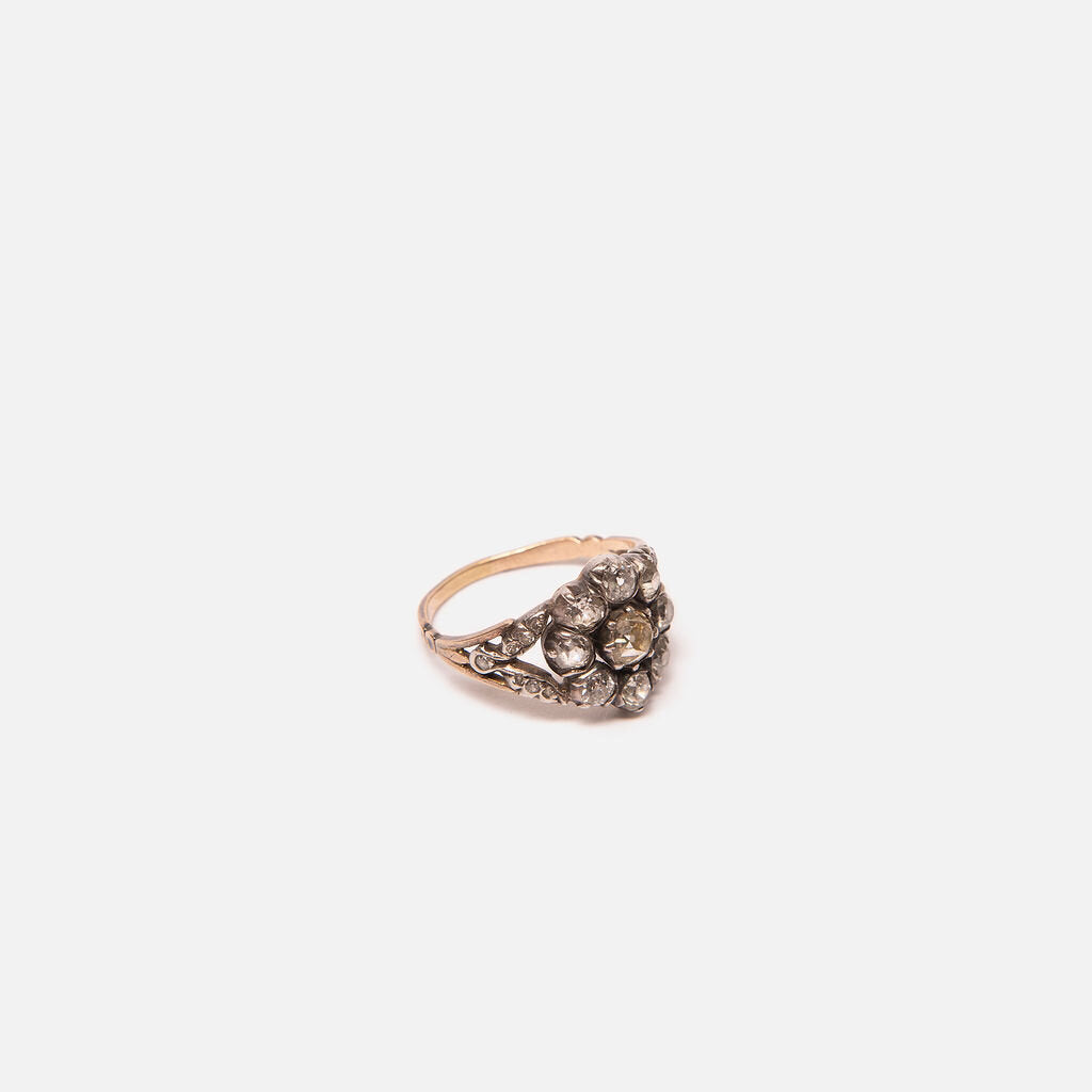 Antique Old European Cut Diamond Cluster Silver-Topped Gold Ring