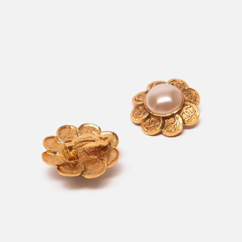 Chanel Pearl Flower Shaped Clip On Earrings