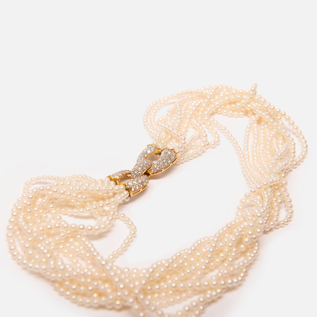 Cultured Pearl Multi-Strand Necklace w/18k YG Diamond Clasp