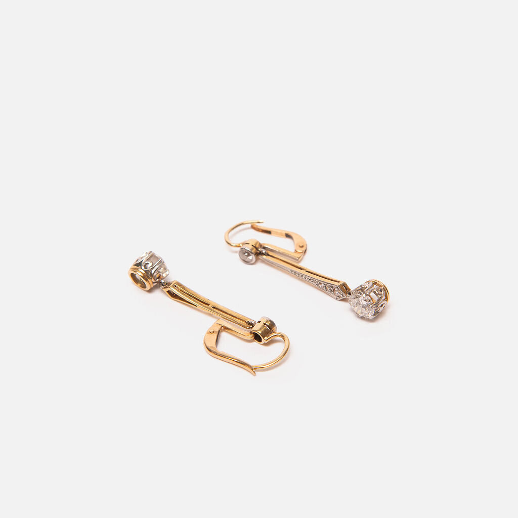 Vintage Art Nouveau-style Two Tone Gold Old European Cut Diamond Drop Earrings