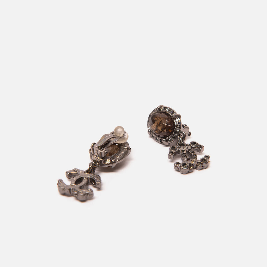 Chanel A12 Ruthenium-Plated Resin & Strass CC Clip-On Earrings
