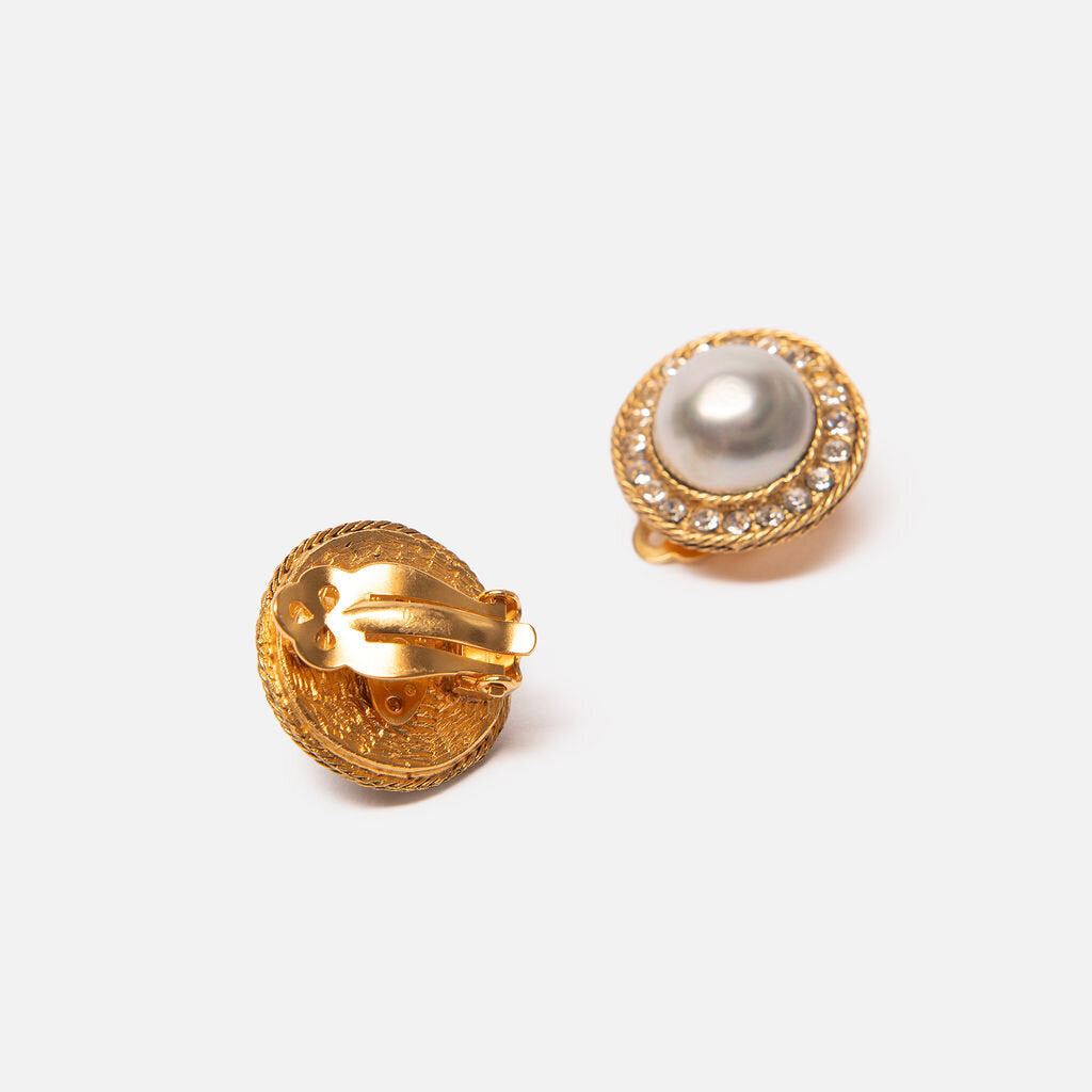 Chanel Vintage Gold Tone Faux Pearl Clip On Earrings