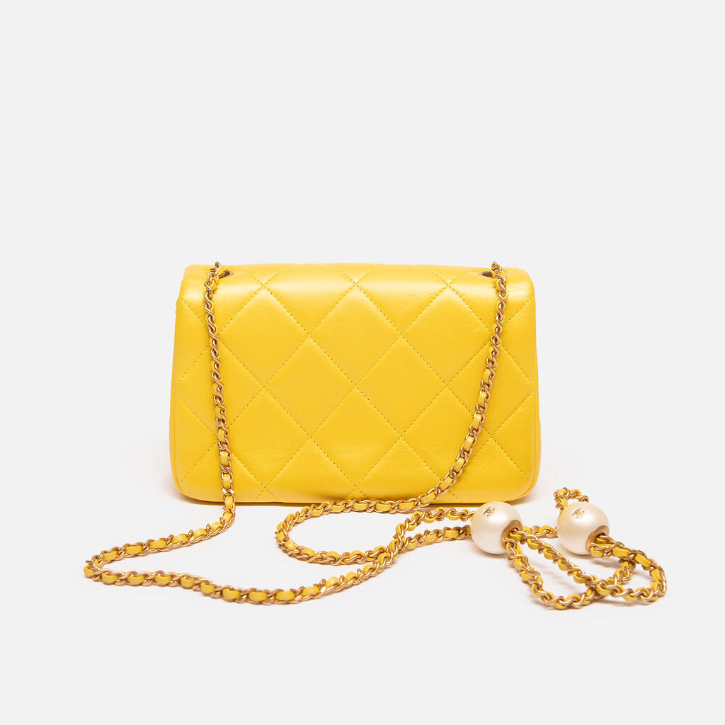 Chanel 24S Chipped Iridescent Yellow Mini Flap w/ Heart Crush Chain