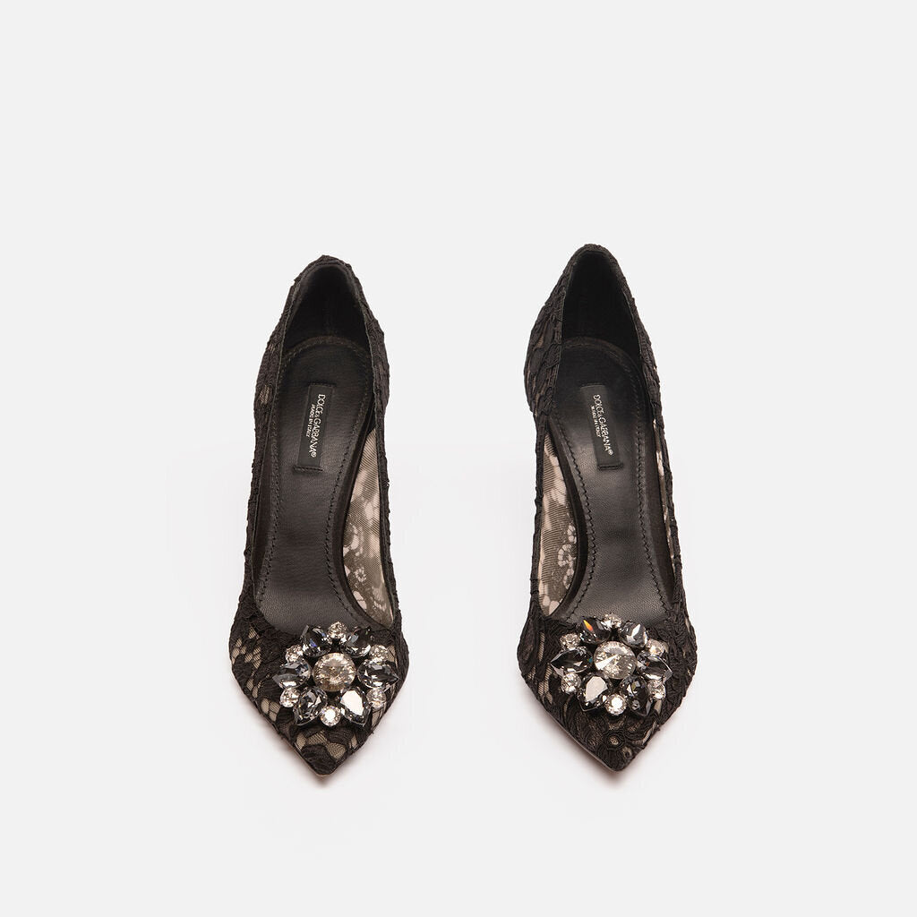 Dolce & Gabbana Black Lace Crystal Brooch Pumps