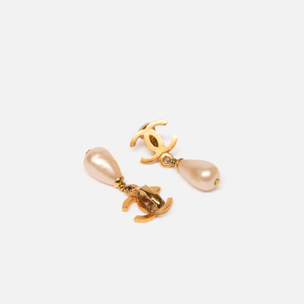 Chanel Gold Faux Pearl Drop Clip-On Earrings