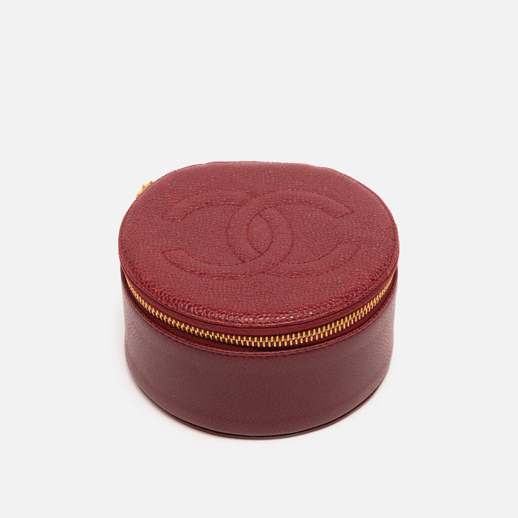 Chanel Oxblood Caviar Round Jewelry Case
