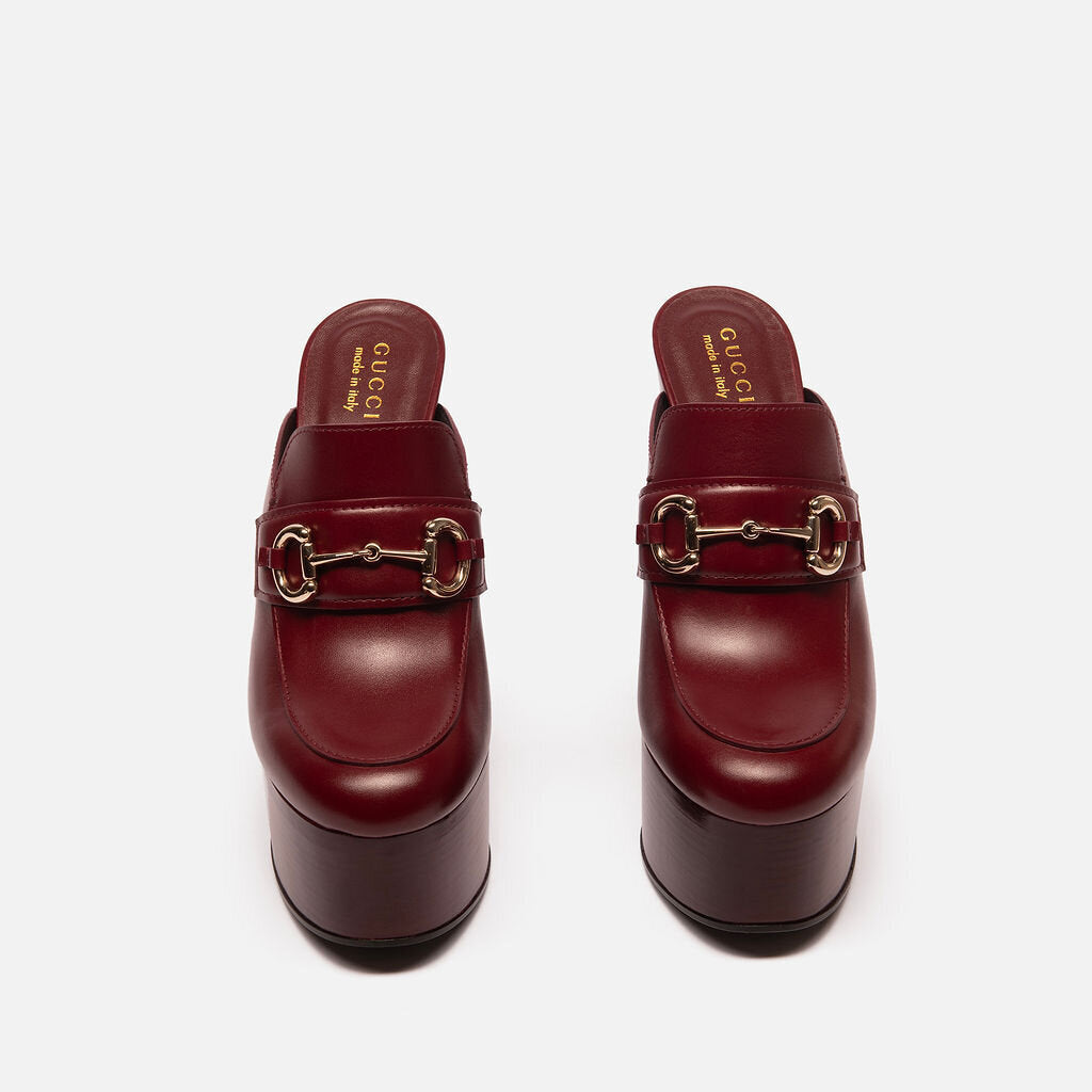 Gucci Burgundy Leather Platform Horsebit Mules