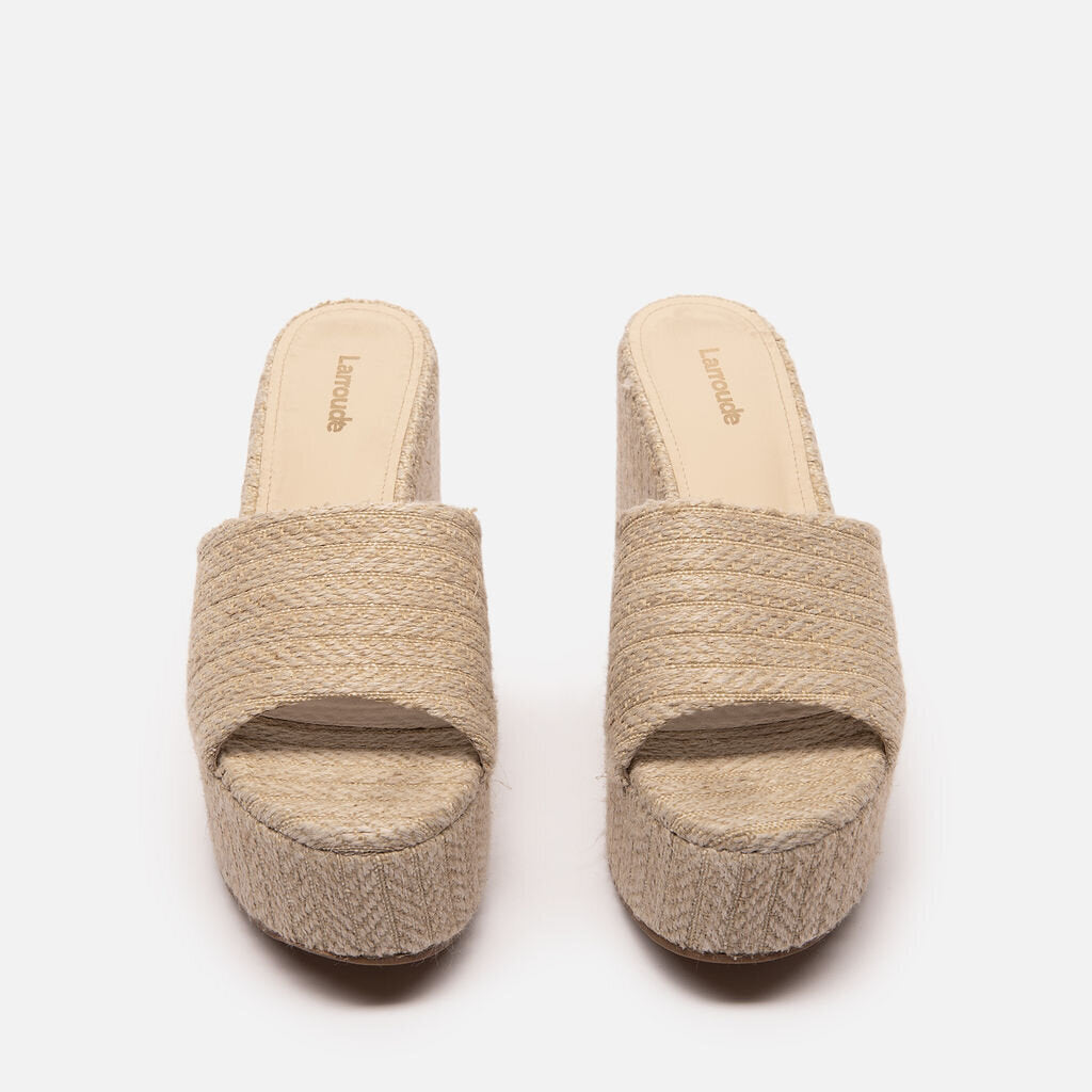 Larroude Beige Raffia Heeled Mules
