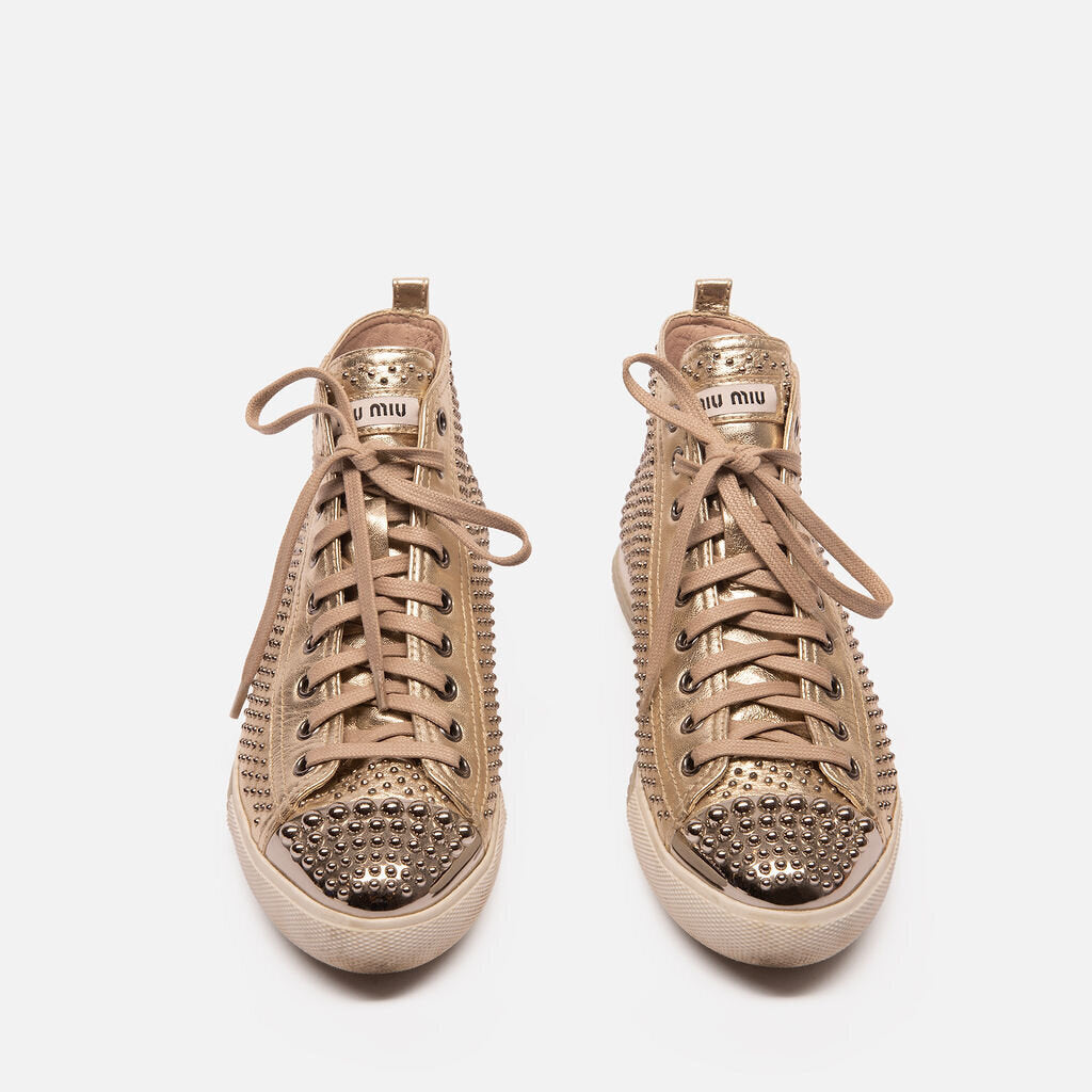 Miu Miu Gold Studded Leather Sneakers