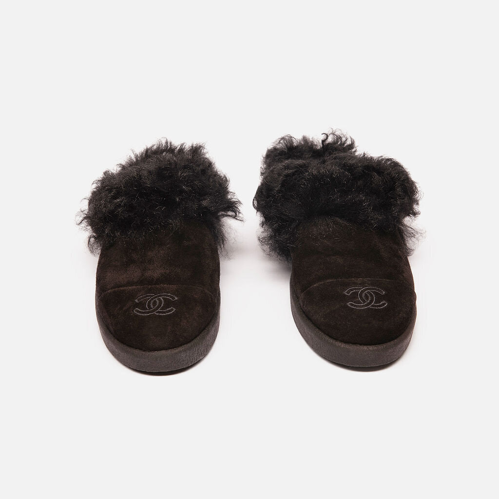 Chanel Black Suede Shearling Lined Mules