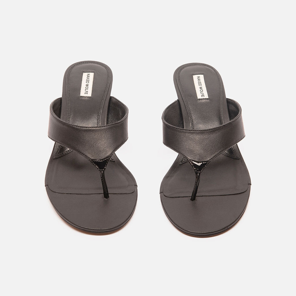 Naked Wolfe Black Leather Flip Flop Heel