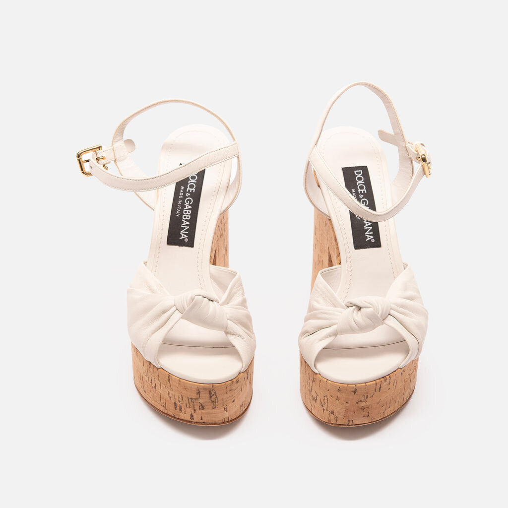 Dolce & Gabbana White Leather Cork Platform Sandals