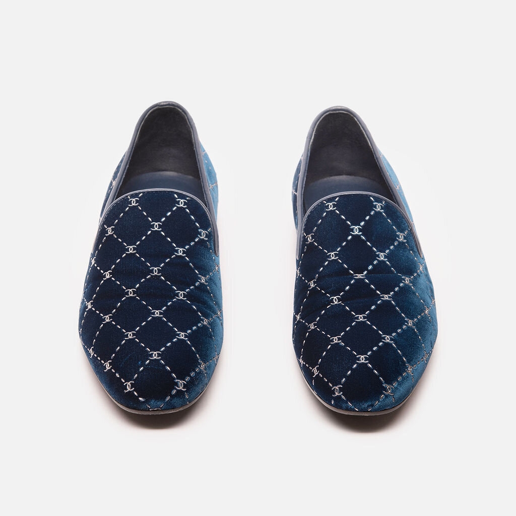 Chanel Blue Velvet Threaded Loafers