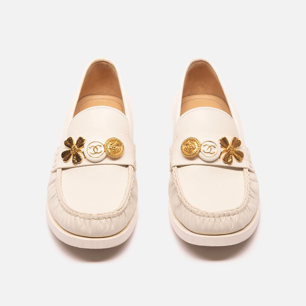 Chanel White Loafers w/Decorative Strap