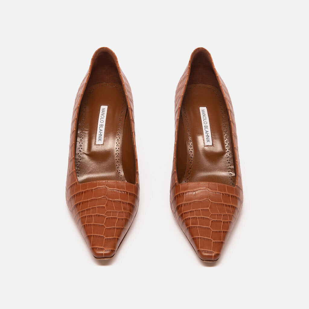 Manolo Blahnik Brown Croc Embossed Pumps